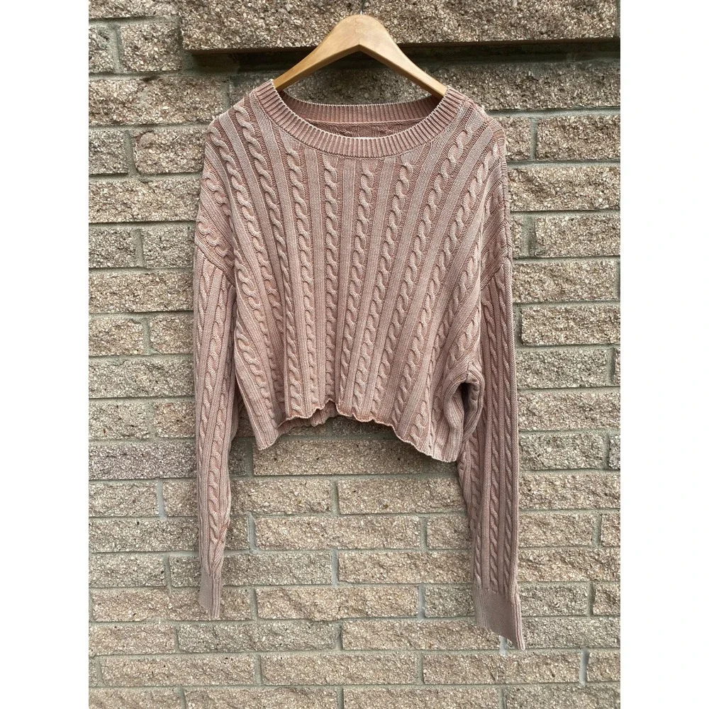 Aerie Sweater Cable Knit Cropped XL Tan Crew Neck Academia Lounge Preppy Ballet